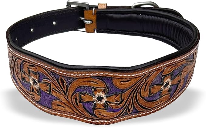 Majestic Ally Leather Dog Collar with Adjustable, Padded Fit for Walking, Hiking, and Running, Designer Western Wear for Puppies, Fancy Colors (Purple - Natural, Extra Large)