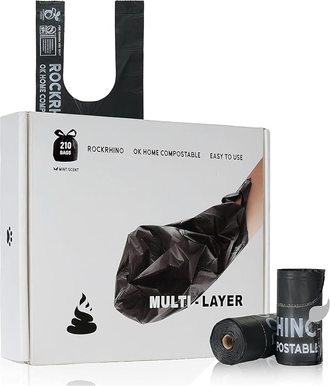 Ultra Thick RockRhino Dog Poop Bags - ECO Heavy Duty, Multi-Layer Bottom, 0% Plastic, 100% Home Compostable, Mint-Scented, Easy Open Tie Handles, Glove-Like Fit - 210 Bags