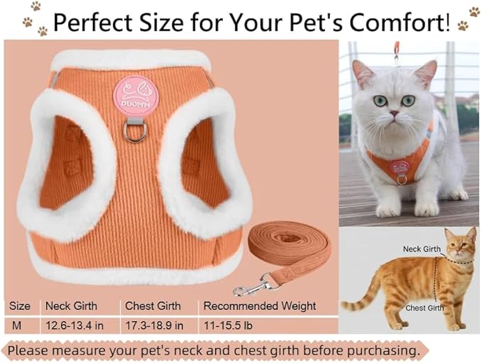 Dog Harness and Leash Set-No Pull No Choke Step-in Pet Harness for Cold Weather Lightweight Adjustable Cat Harness Warm Plush Puppy Vest with Hook & Loop Fastener Buckles D-Rings-Lightorange-M