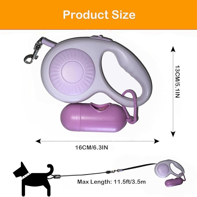 Double Dog Leash for Walking 2 Small Dogs (Up to 33 Lbs Each), Dual Retractable 9.8ft Extendable Strong Nylon Tape Pet Leash with Poop Bags, One-Handed Brake, Pause, Lock (Purple)