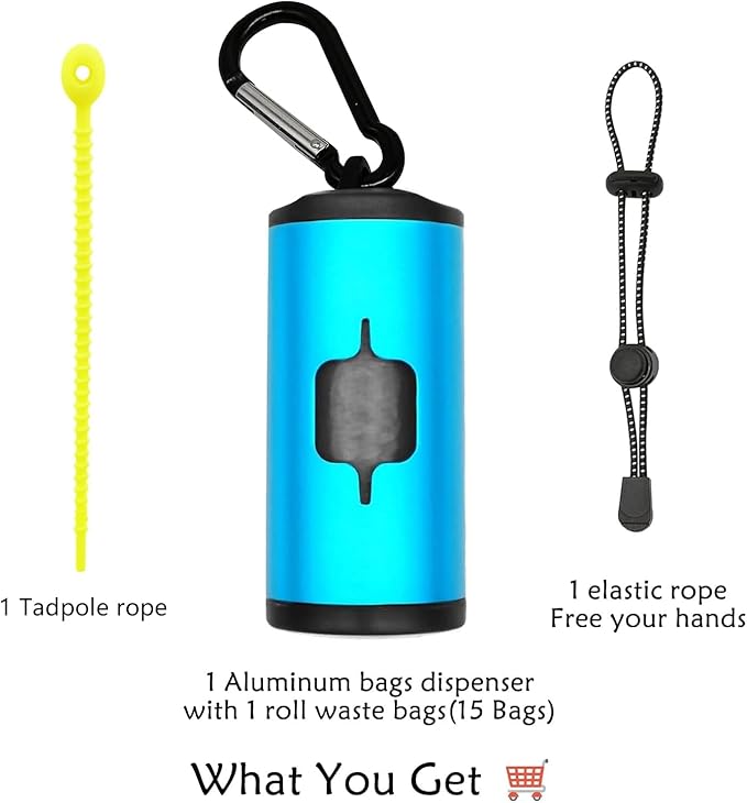 Aluminum Dog Poop Bags Holder with Carabiner Metal Pet Waste Bags Dispenser with Hook and Loop Fastener and Elastic Cord to Carry Used Bags (Blue, 2 Holder 30 Bags)