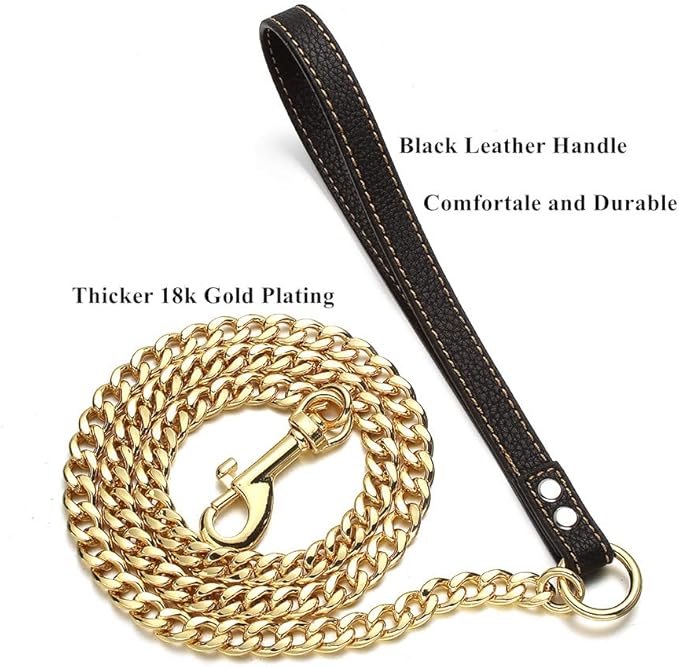 Gold Dog Leash 11MM Heavy Duty Metal Pet Leash 18K Gold Plated Stainless Steel Chain Leash with Padded Handle 3FT/4FT/5FT(11mm,4ft)