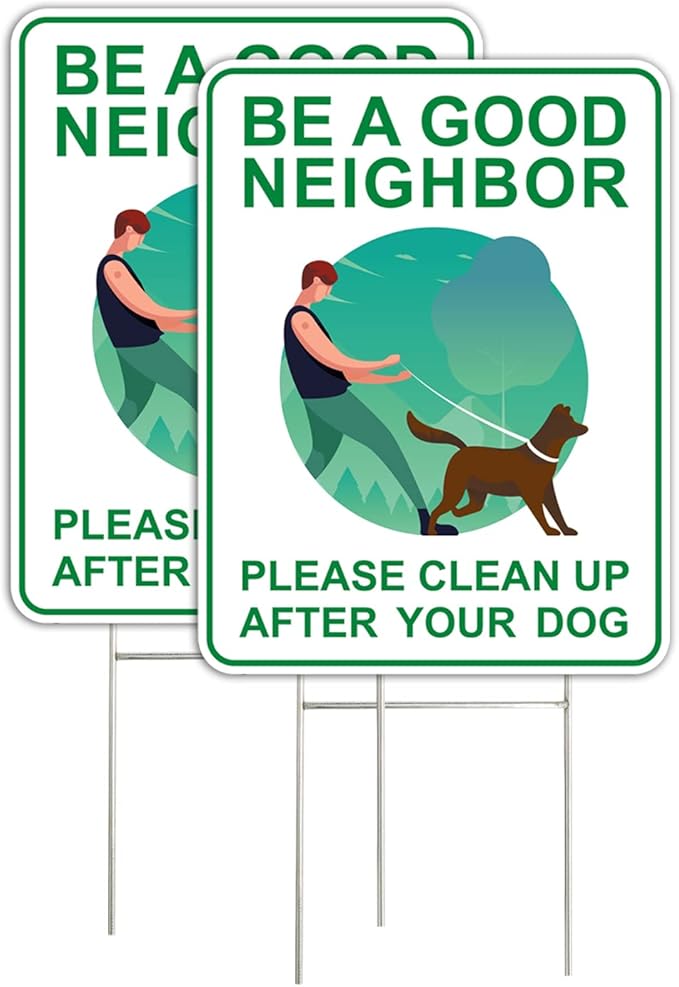 Clean Up After Your Dog Signs (2 Pack, 9 x 12") With Metal H-Stakes, Double Sided,No Dog Poop Lawn Signs,Outdoor & Sturdy