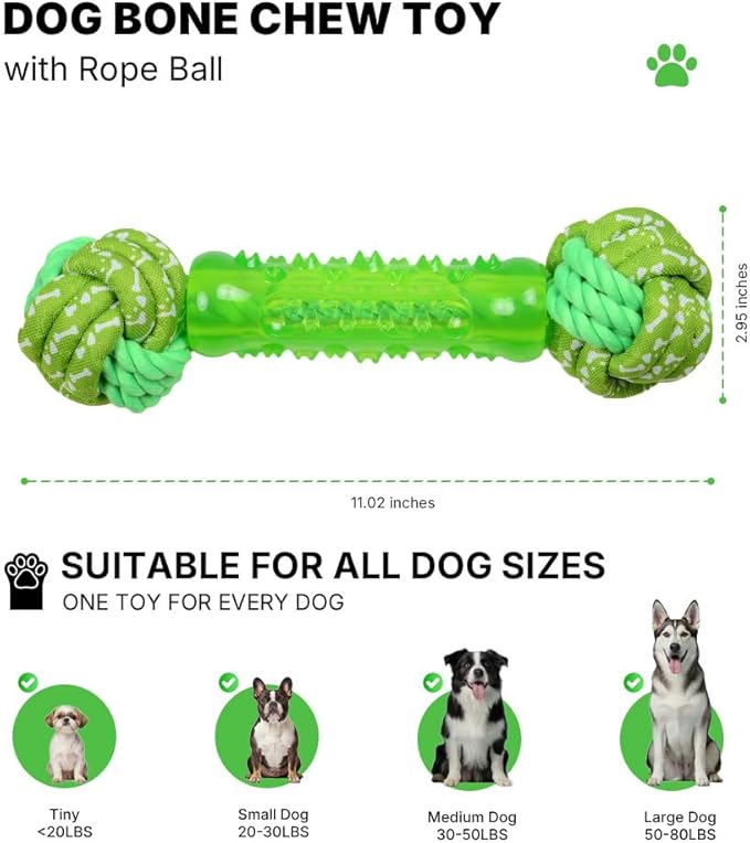 Dog Bone Chew Toy with Rope Ball - Tough Dog Toys with Textured Body for Teeth Cleaning, Dental Chew Toy for Small, Medium and Large Dogs, Green
