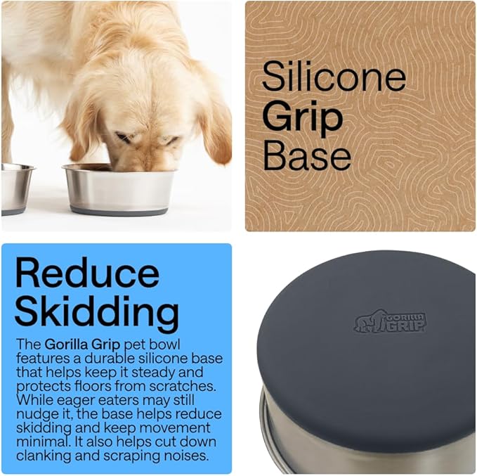 GORILLA GRIP Dog Bowls, Heavy Duty 304 Stainless Steel, Holds 2 Cups Each (16 fl oz) Food and Water Bowl for Feeding Dogs and Cats, Dishwasher Safe, Rust Resistant, BPA Free Rubber Base Set of 2 Gray