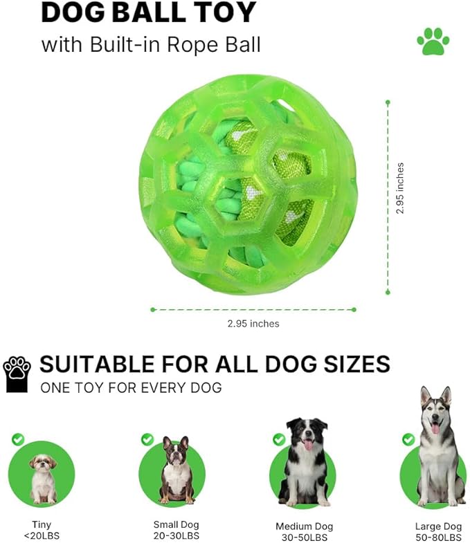 Dog Ball Toy with Built-in Rope Ball- Dog Chew Fetch Toy for Relieving Anxiety, Cleans Teeth, Interactive Chew Toy for Large Medium Breeds, Green