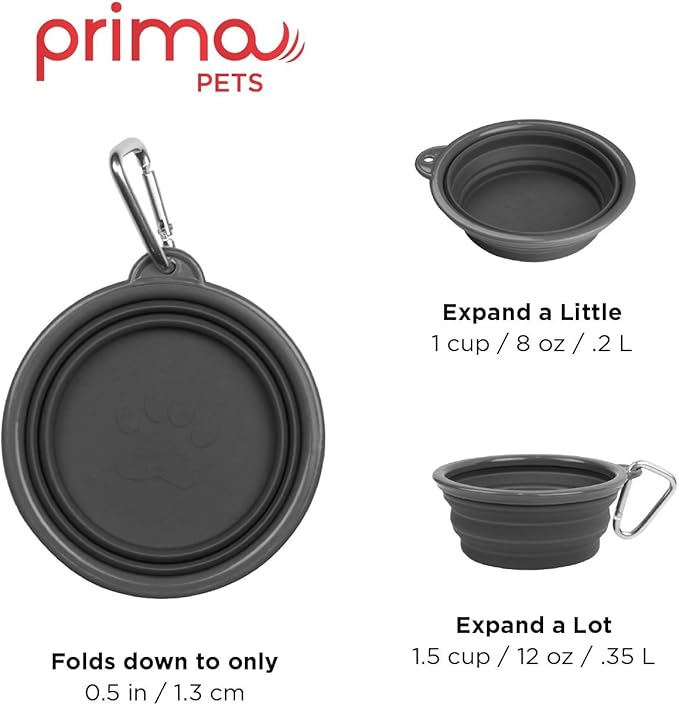 Prima Pet Collapsible Silicone Water Travel Bowl with Clip for Dog and Cat, Portable and Durable Pop-up Feeder for Convenient On-The-go Feeding - Size: Small (1.5 Cups) Grey -2 Pack