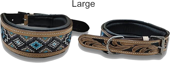 Majestic Ally Padded Leather Dog Collar, Multi-Color Beaded Diamond Design, Handcrafted (Large, Diamond Beadwork)