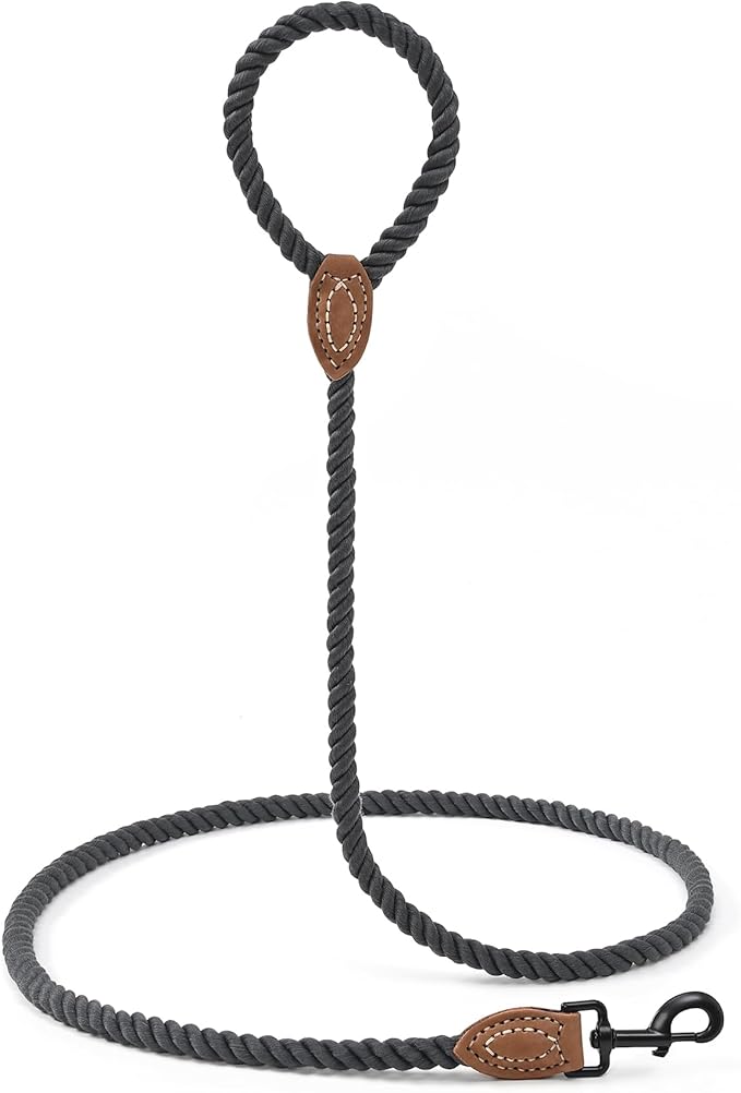Mile High Life Dog Leash, Braided Cotton Rope Leashes with Leather Tailor Tip with Leather Tip - Heavy Duty Metal Clasp, 6FT, 1/2" Thick - Wedding, Walking for Medium Large Dogs(Dark Gray)