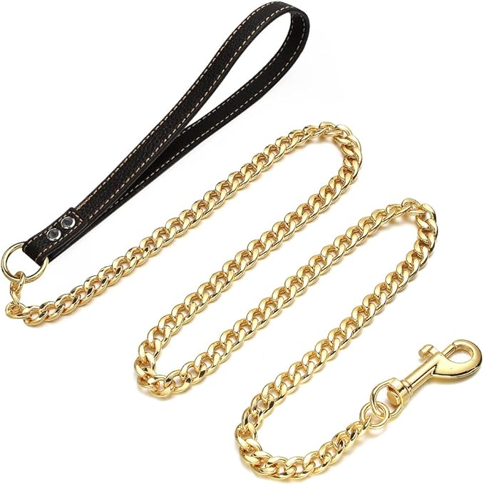 Gold Dog Leash 11MM Heavy Duty Metal Pet Leash 18K Gold Plated Stainless Steel Chain Leash with Padded Handle 3FT/4FT/5FT(11mm,4ft)