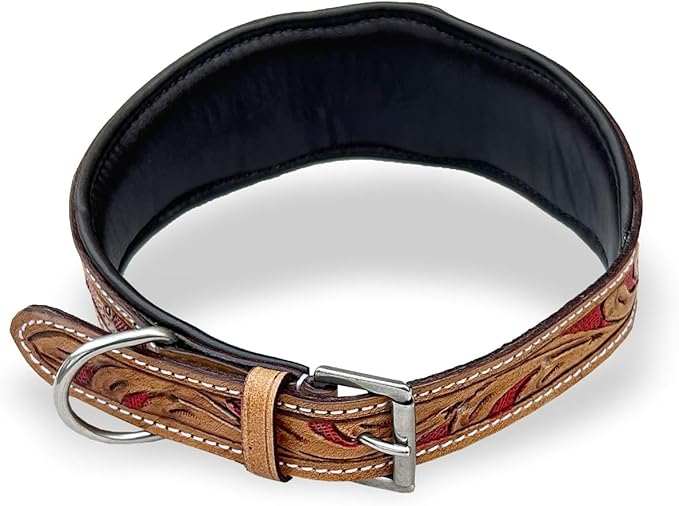 Majestic Ally Leather Dog Collar with Adjustable, Padded Fit for Walking, Hiking, and Running, Designer Western Wear for Puppies, Fancy Colors (Red - Natural, Medium)