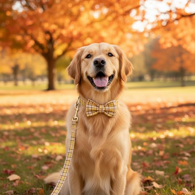 PETDURO Personalized Plaid Dog Collar Lemon Yellow - Engraved Name and Phone Number on Gold Metal Buckle - Custom for Small Medium Large Boy Girl Dogs - Add Leash Bow Tie via Customize Now