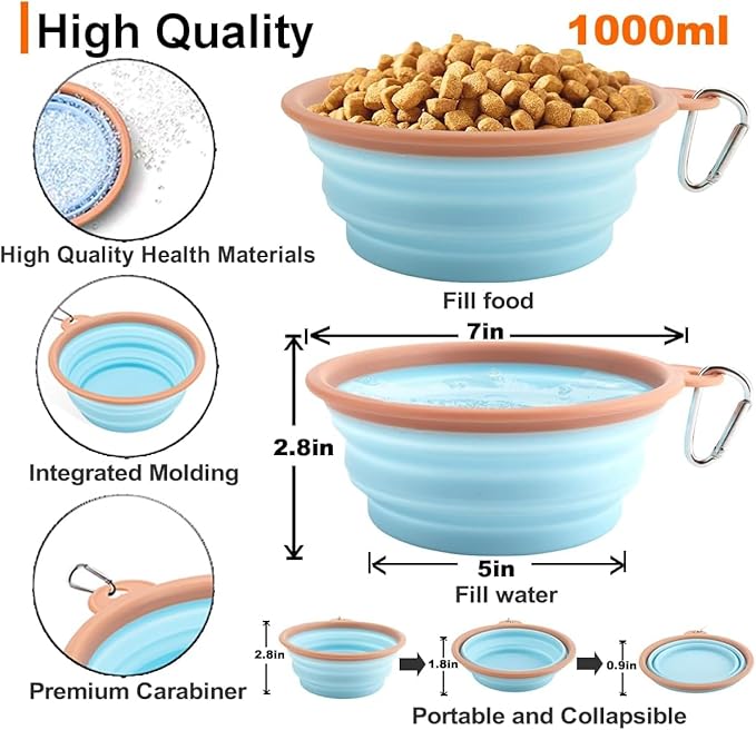 Collapsible Dog Bowls for Travel Portable Pet Food Bowl Compact Silicone Dog Water Dish with Carabiner Clip, BPA Free, Perfect for Large/Medium/Small Dog/Cat/Pets, 2 Pack, Sky Blue, 1000ML