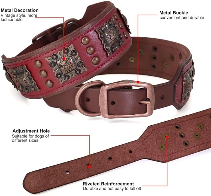 PET ARTIST Genuine Leather Dog Collar for Large Dogs, 2 inch Wide Dog Collar Leather with Rivet Studded & Metal Buckle, Soft Padded & Hand Made for Great Dane Rottweiler,Red,Neck 22-25"
