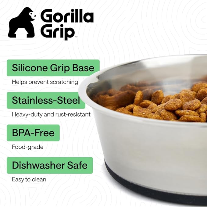 GORILLA GRIP Set of 2 Dog Bowls, Holds 8 Cups (64 fl oz), Heavy Duty Metal Food and Water Bowl for Feeding Dogs and Cats, Dishwasher Safe, Rust Resistant Stainless Steel, BPA Free Rubber Base, Black