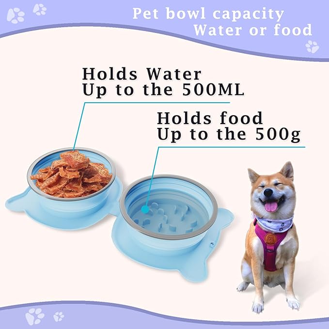 Dog Bowls Pet Collapsible Slow Feeder Outdoor, Dog Travel Bowls Portable Foldable Cat Water Dish for Pets Walking Parking Camping (Green(Two Bowl Slow Feeder))