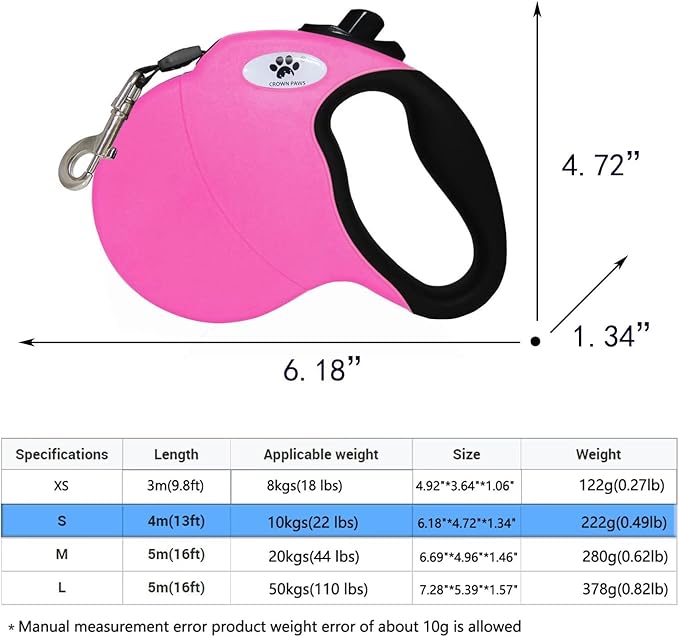 13ft Retractable Dog Leash for Small Breed Dogs up to 22 lbs with a Detachable Chew Proof Extender Wire Ropes (Pink S)