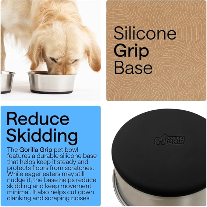 GORILLA GRIP Set of 2 Dog Bowls, Holds 8 Cups (64 fl oz), Heavy Duty Metal Food and Water Bowl for Feeding Dogs and Cats, Dishwasher Safe, Rust Resistant Stainless Steel, BPA Free Rubber Base, Black