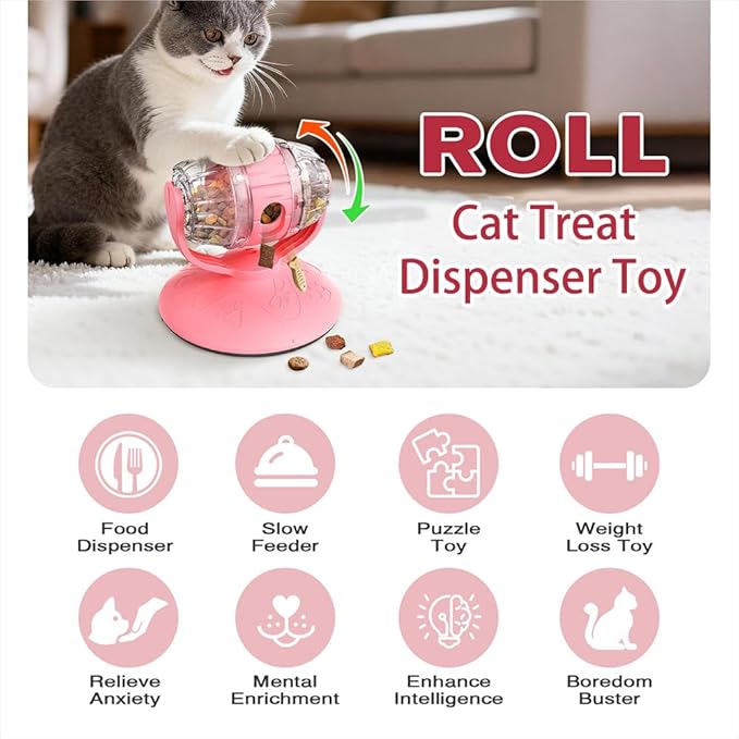Cat Slow Feeder Toy,Beer Barrel Interactive Feeder for Cats,Interactive Mental Stimulation Food Dispenser for Indoor Cats,Slow Food Teasing Toy for Cats,Boredom Buster,Interactive Puzzle Feeder,（Pink）