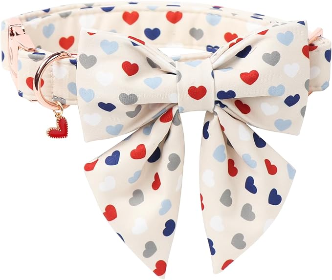 DOGWONG Dog Bow Collar Valentine's Day Dog Collar -Hearts Print Dog Collar with Bowtie Spring Dog Collars Pet Collar Bows Cute Collars,S