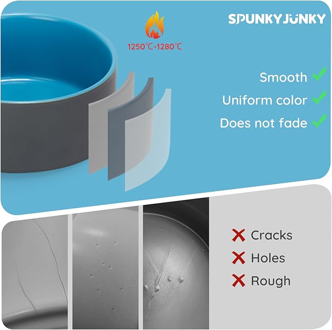 SPUNKYJUNKY 28.7OZ Ceramic Dog and Cat Bowl, Modern Cute Weighted Food Water Bowl for Replacement Blue-Grey (2 Pack)