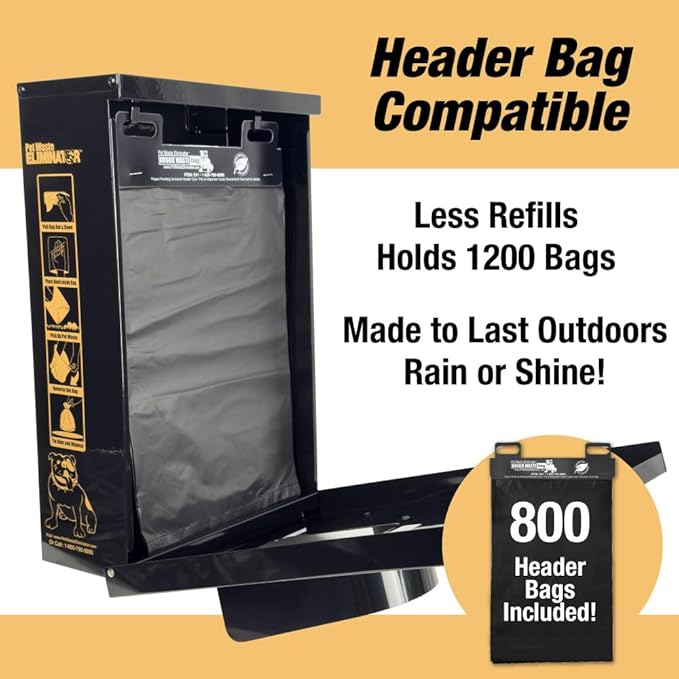 Outdoor Dog Poop Bag Dispenser - Includes 800 Header Bags - Wall/Pole/Fence Mount - Durable Rustproof Aluminum with Lock & Rainguard (Black)