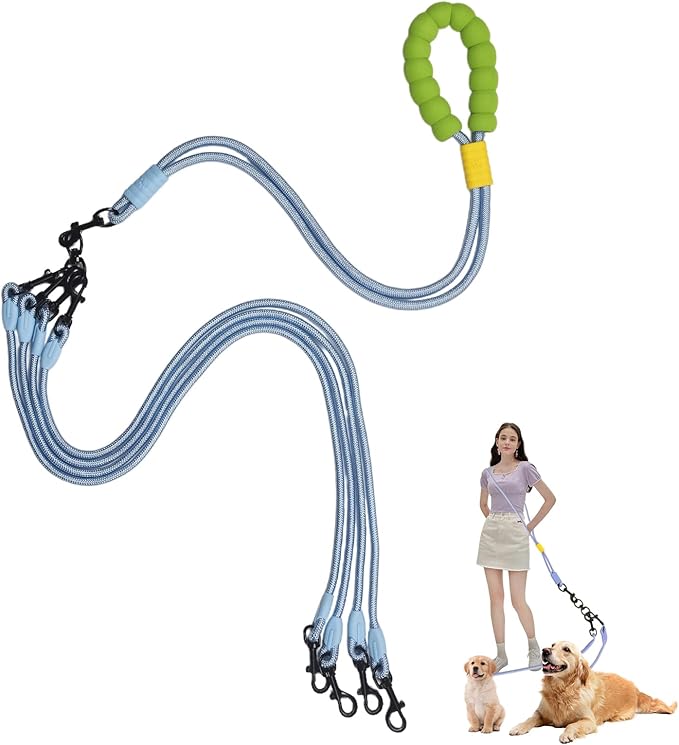 Double Dog Leash No Tangle, Adjustable Split Leads Dual Pet Walking Leash with Comfortable Padded Handle for Four Dogs, Hands - Free Dual Leashes for Small/Medium Pets (Red, Four Leashes)