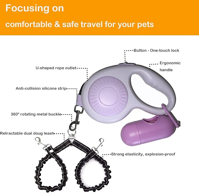 Double Dog Leash for Walking 2 Small Dogs (Up to 33 Lbs Each), Dual Retractable 9.8ft Extendable Strong Nylon Tape Pet Leash with Poop Bags, One-Handed Brake, Pause, Lock (Purple)