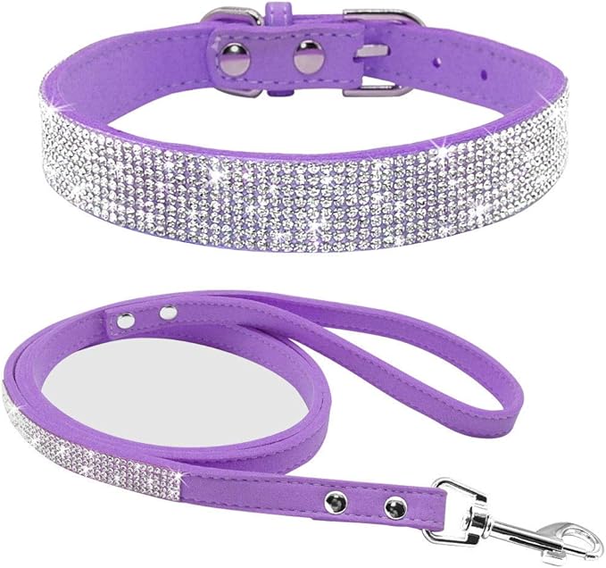 Cute Dazzling Sparkling Elegant Fancy Soft Suede Leather Bling Rhinestone Crystal Jeweled Pet Cat Dog Puppy Collar Dog Leash Combo Set (XS(Neck8-10), Purple)