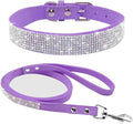 Cute Dazzling Sparkling Elegant Fancy Soft Suede Leather Bling Rhinestone Crystal Jeweled Pet Cat Dog Puppy Collar Dog Leash Combo Set (L(Neck 15-18"), Purple)