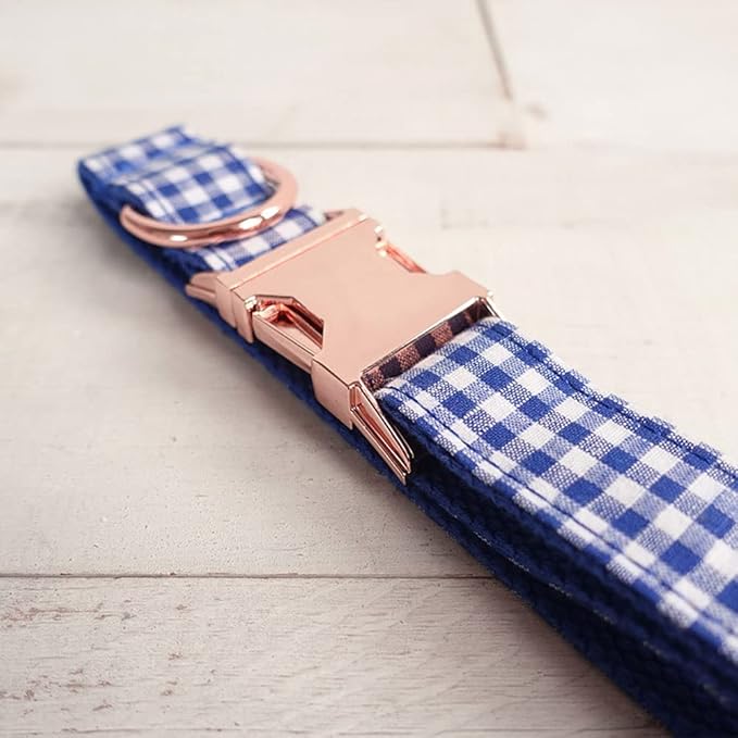 PETDURO Personalized Gingham Plaid Dog Collar Blue - Engraved Name and Phone Number on Rose Gold Metal Buckle - Custom for Small Medium Large Boy Girl Dogs - Add Leash Bow Tie via Customize Now