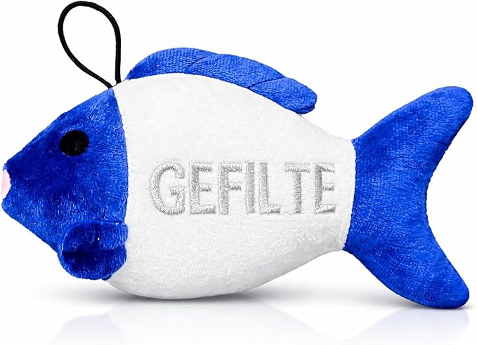 Vaulted Skulls & Co Gefilte Fish Dog Toy | Stuffed Squeaky Gefilte Fish Dog Toy | Jewish Themed Plush Dogs Toys | Realistic Animal Dogs Toys | Blue & White | Small/Medium Breed | 8"