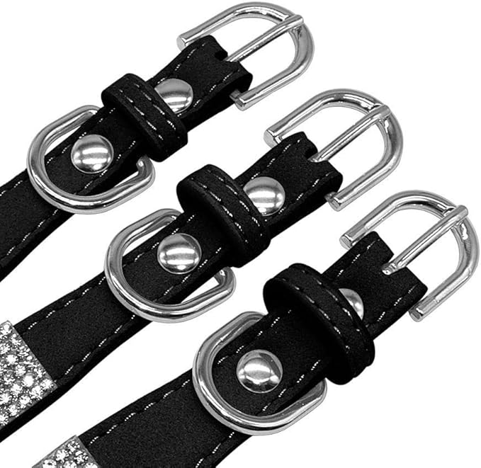 Cute Dazzling Sparkling Elegant Fancy Soft Suede Leather Bling Rhinestone Crystal Jeweled Pet Cat Dog Puppy Collar Dog Leash Combo Set (XXS(Neck 6-8"), Black)