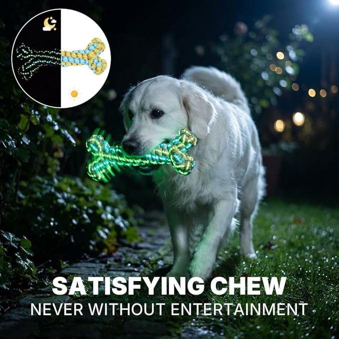 Knot Rope Dog Bone Toy - Glow in The Dark Interactive Dog Chew Toy, Pet Teeth Cleaning Dental Toy for Small, Medium, and Large Dogs - Durable Material