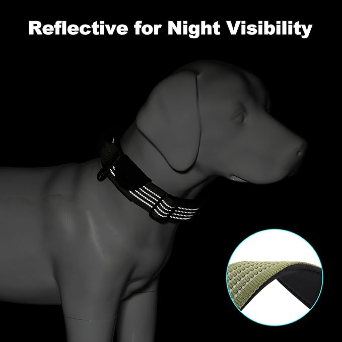 Plutus Pet Tactical Dog Collar with Tracker Pocket for AirTag, Adjustable Reflective Nylon Collar, Metal Buckle, Leather-Wrapped Handle, Soft Padded for Medium Large Dogs (Ranger Green, L)