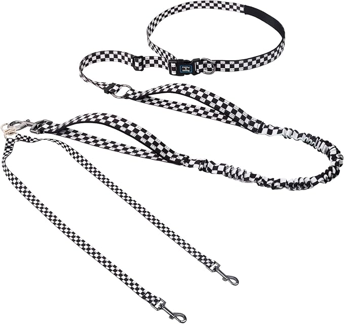 Roses&Poetry Hands Free Double Dog Leash for Two Dogs, 9-11ft Adjustable Bungee Walking Waist Lead, Dual Dog Leash with Tangle-Free Swivel for Medium Large Dogs Heavy Duty Running(Blackwhite)