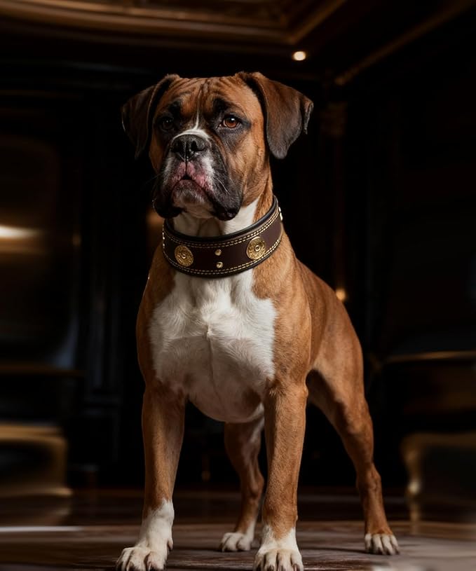 Leather Dog Collar, 2 inches Wide Heavy Duty Genuine Leather Collars, Handmade, Soft, and Luxury, Eye-catching Best Choice for Large and Medium Breed Dogs Brown-Gold, 15-19 ins