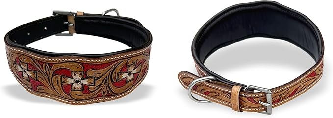 Majestic Ally Leather Dog Collar with Adjustable, Padded Fit for Walking, Hiking, and Running, Designer Western Wear for Puppies, Fancy Colors (Red - Natural, Small)
