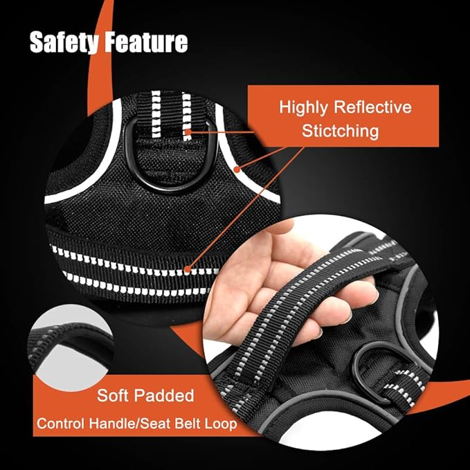 PHOEPET Reflective Dog Harness No Pull Large Breed Vest with 2 Metal Leash Attachment Hooks(L, Black)