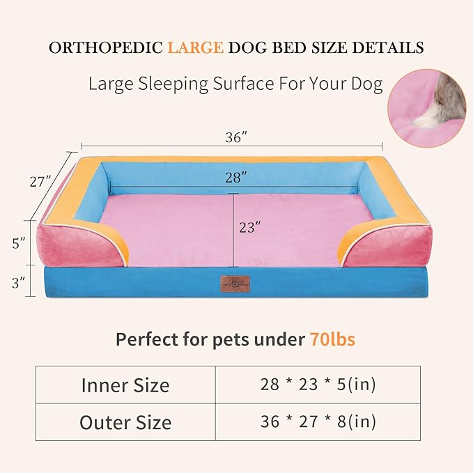 Comfort Expression Orthopedic Dog Bed for Large Dogs 36x27 Inch, Waterproof Egg Crate Foam Large Pet Bed with Removable Bolsters, Dog Couch with Washable Cover & Non-Slip Bottom, Bubblegum Cove