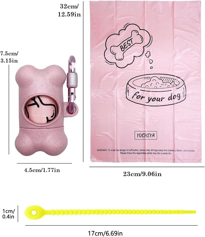 Dog Poop Pickup Bags Holder Dispenser with 1 Roll Random Color Leak-proof Scented Doggy Waste Bags and Carabiner with Safety Lock Plus Hook and Loop Fastener Never Loose on Leash Lead Again (Pink)
