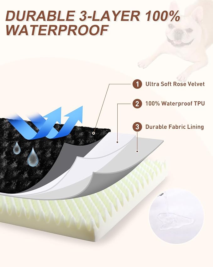 KSIIA Dog Crate Bed Waterproof Large Dog Bed Soft Rose Velvet Supportive Kennel Pad Egg Crate Foam with Removable Washable Cover & Non-Slip Bottom, 41 x 27 Inch, Black