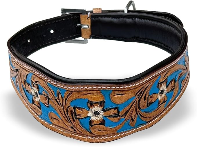 Majestic Ally Leather Dog Collar with Adjustable, Padded Fit for Walking, Hiking, and Running, Designer Western Wear for Puppies, Fancy Colors (Royal Blue - Natural, Medium)