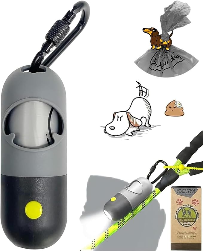 Dog Poop Bag Holder Dispenser with LED Flashlight - Night Visibility for Safe Evening Walks | Upgraded Hands-Free Leash Clip | Includes 15 Dog Waste Bags(Gray)