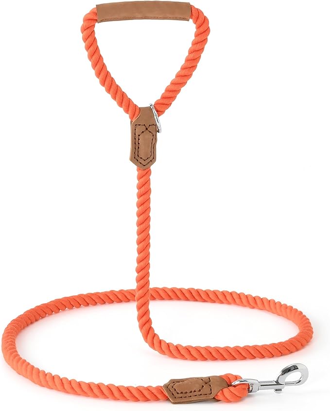 Mile High Life Dog Leash, Braided Cotton Rope Leashes with Leather Handle - Heavy Duty Metal Clasp, 6FT, 1/2" Thick - Wedding, Walking & Training Leash for Small Medium Large Dogs (Orangeade)