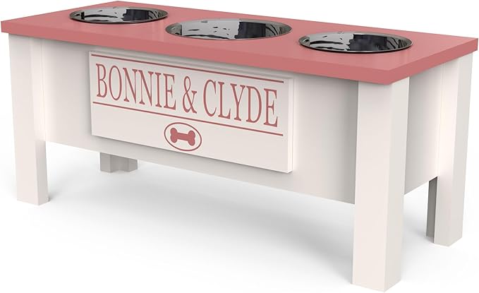 GTW Personalized Elevated Triple Dog Bowl Stand for Large, Medium, Small, X-Small Dogs - 3 Stainless Steel Food and Water Bowls - Raised Dog Dish with Internal Storage (Large, Pink)