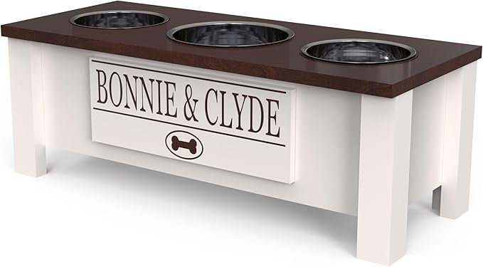 GTW Personalized Elevated Triple Dog Bowl Stand for Large, Medium, Small, X-Small Dogs - 3 Stainless Steel Food and Water Bowls - Raised Dog Dish - Internal Storage (Medium, Brown)