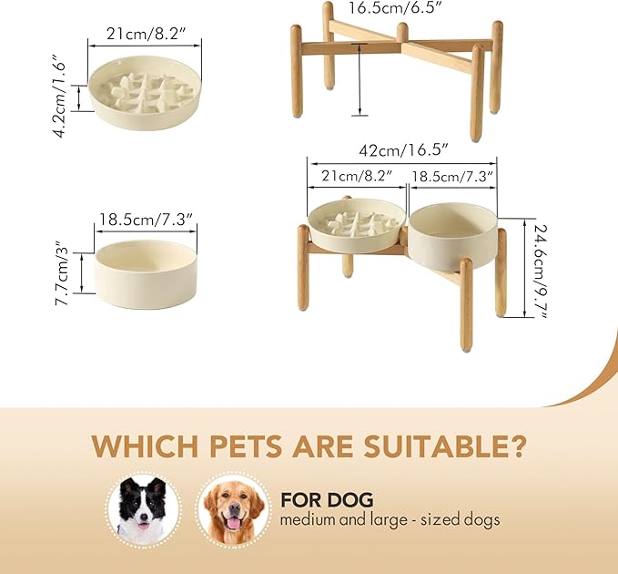 Ceramic Raised Slow Feeder Dog Bowl Set, Elevated 7.3inch Bowl and 8.2inch Slow Pet Food Dish with Wooden Stand for Medium and Large Dog (2 x Beige+ Stand)