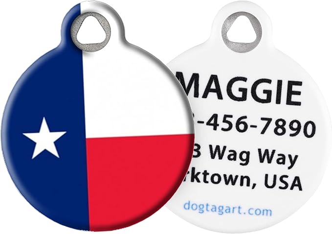 Dog Tag Art Texas Lone Star Personalized State Flag Pet ID Tag for Dogs and Cats, Silent Dog Tag with Customized Identification Information - Large 1.25" Diameter