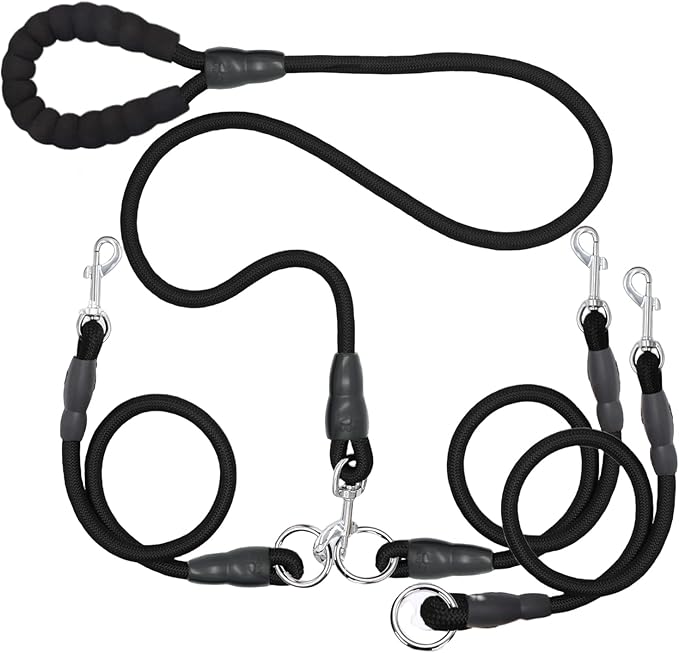 Heavy Duty 3 Dog Leash for Large Dogs No Tangle Detachable 360° Swivel Device with Padded Handle for Two/Three Pets